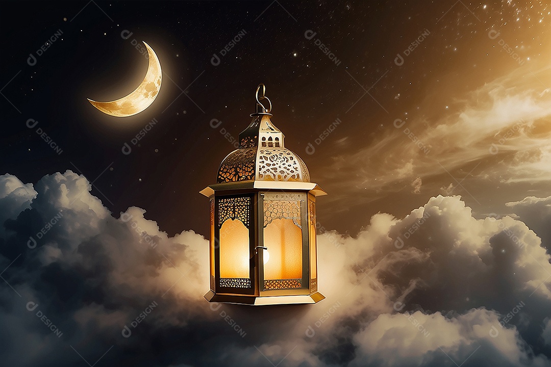 Lanterna islâmica de ouro padrão espaço vazio lua nuvens luzes