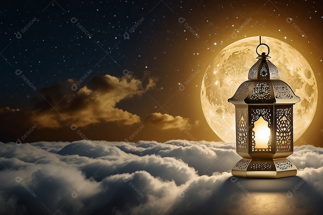 Lanterna islâmica de ouro padrão espaço vazio lua nuvens luzes