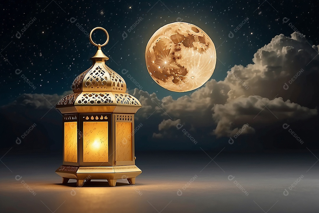 Lanterna islâmica de ouro padrão espaço vazio lua nuvens luzes