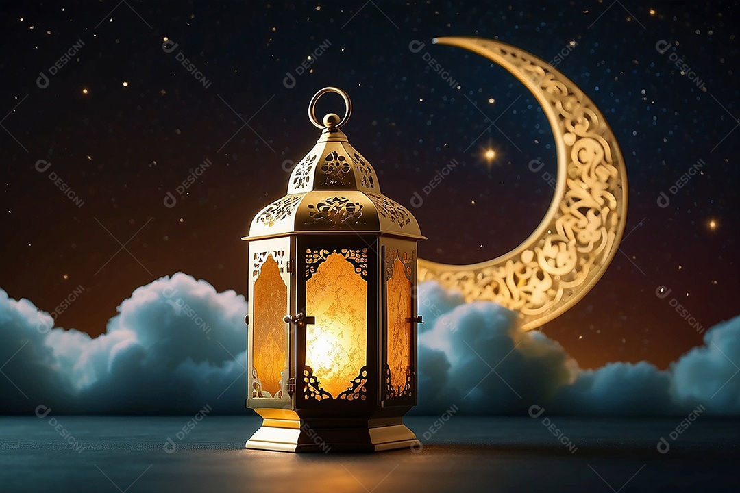 Lanterna islâmica de ouro padrão espaço vazio lua nuvens luzes