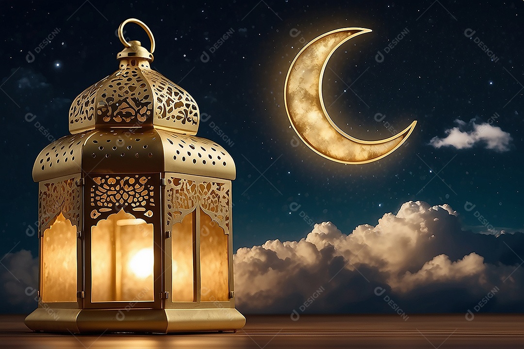 Lanterna islâmica de ouro padrão espaço vazio lua nuvens luzes