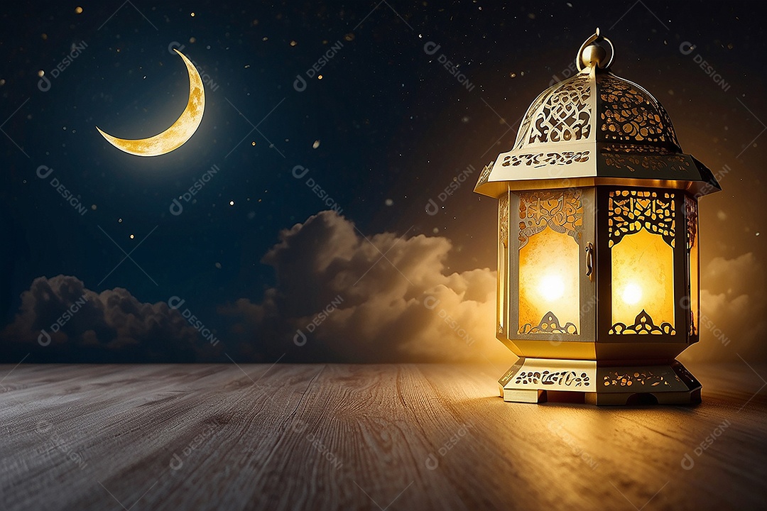 Lanterna islâmica de ouro padrão espaço vazio lua nuvens luzes