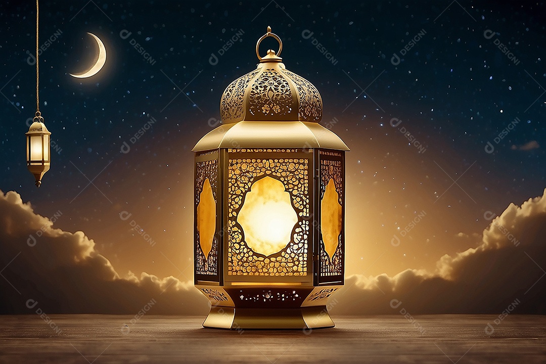 Lanterna islâmica de ouro padrão espaço vazio lua nuvens luzes