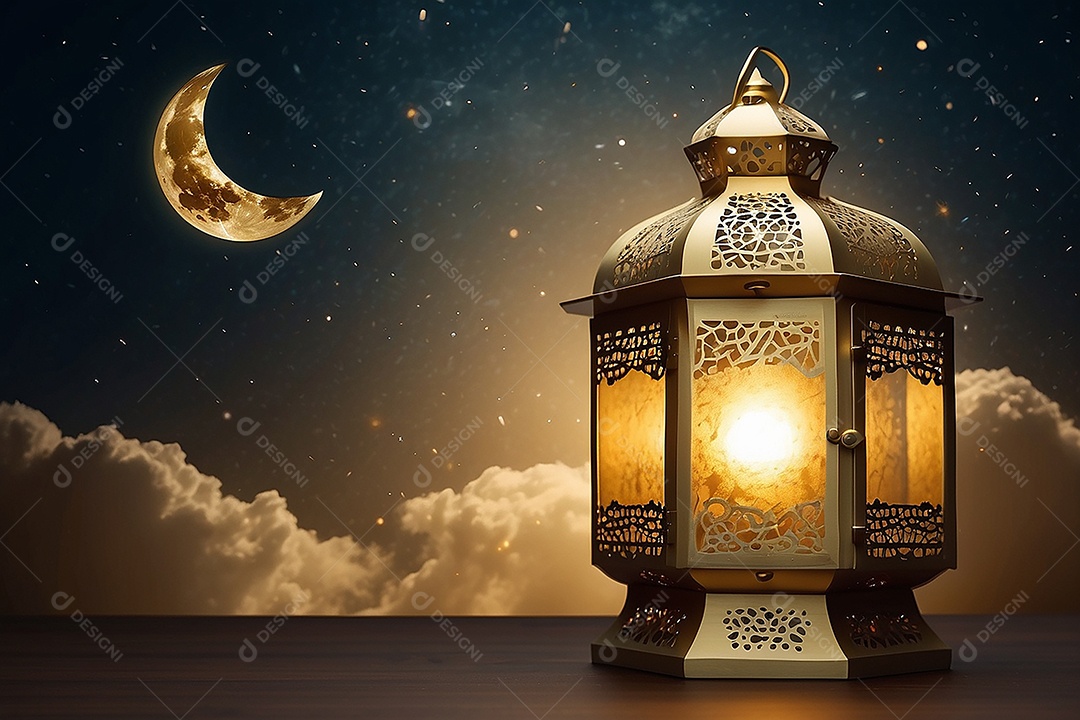 Lanterna islâmica de ouro padrão espaço vazio lua nuvens luzes