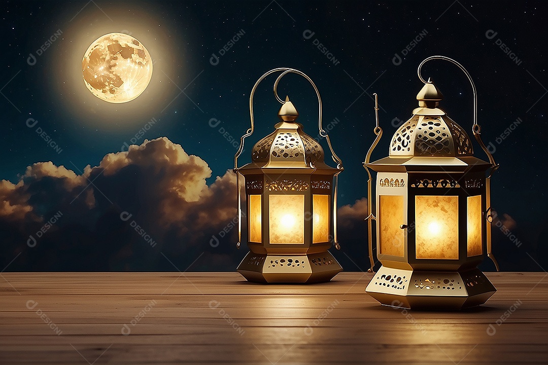 Lanterna islâmica de ouro padrão espaço vazio lua nuvens luzes