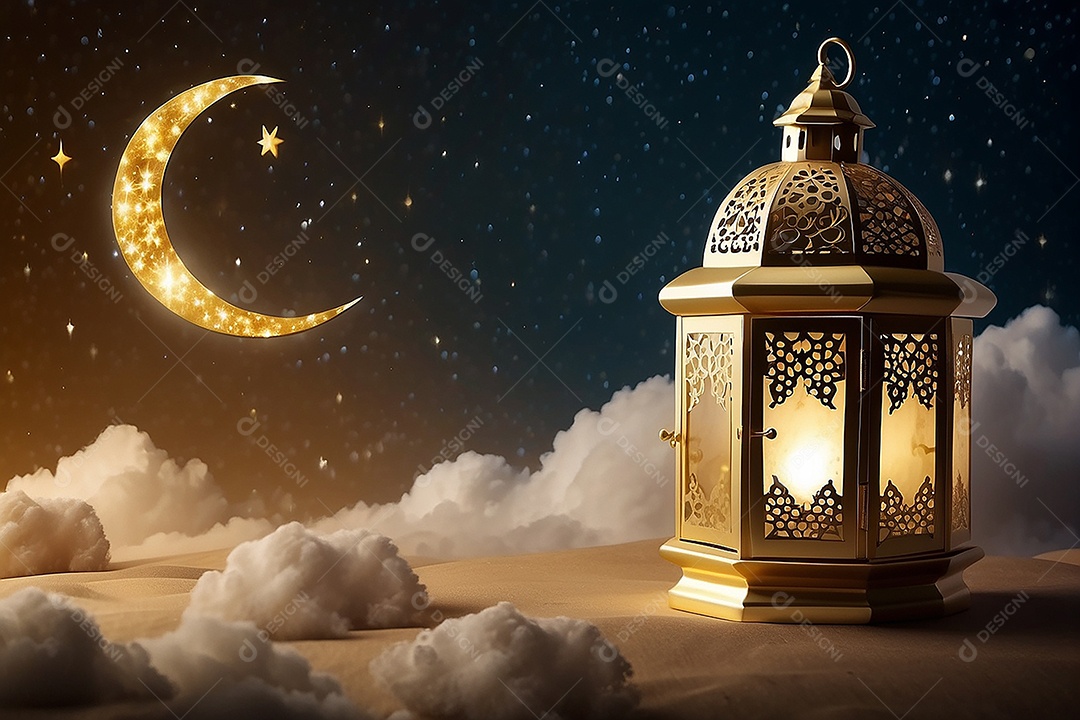 Lanterna islâmica de ouro padrão espaço vazio lua nuvens luzes