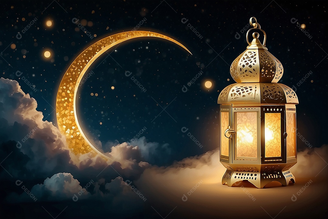 Lanterna islâmica de ouro padrão espaço vazio lua nuvens luzes