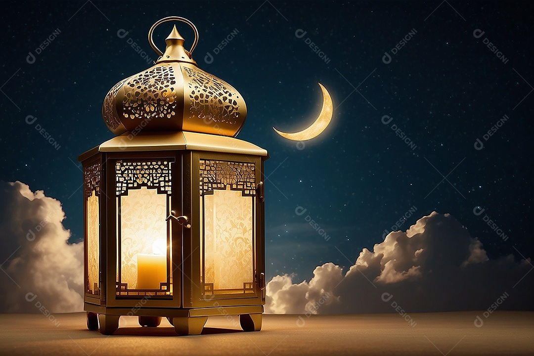 Lanterna islâmica de ouro padrão espaço vazio lua nuvens luzes