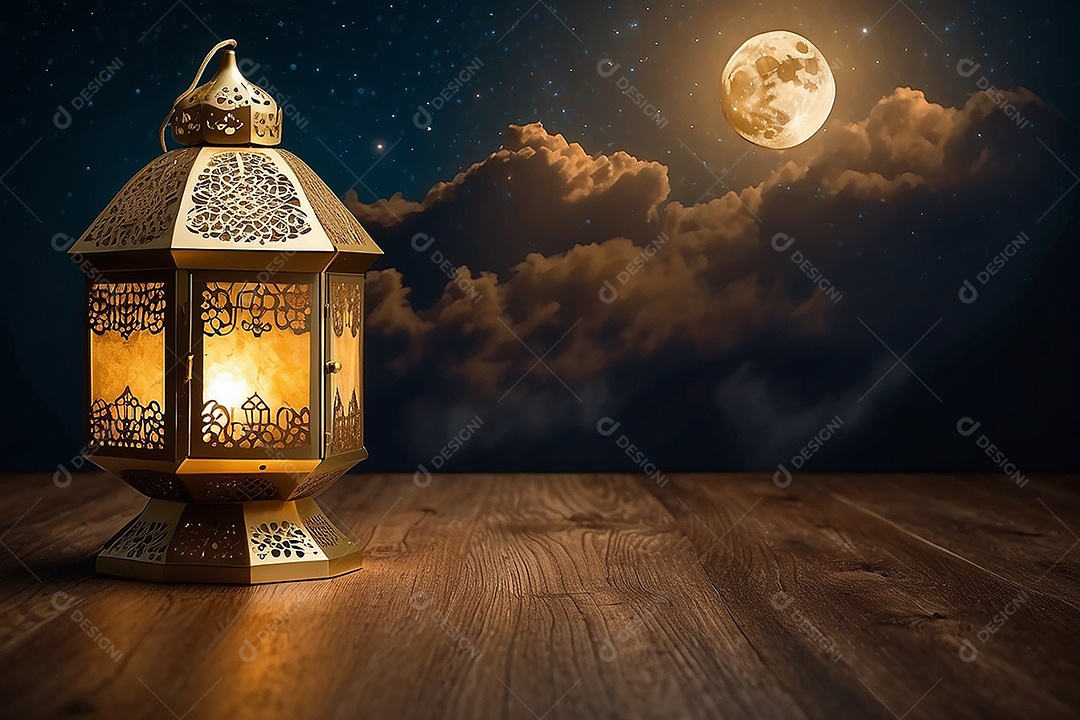 Lanterna islâmica de ouro padrão espaço vazio lua nuvens luzes