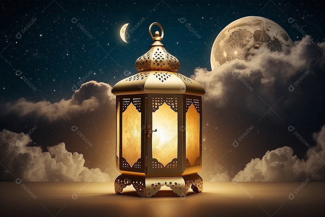 Lanterna islâmica de ouro padrão espaço vazio lua nuvens luzes