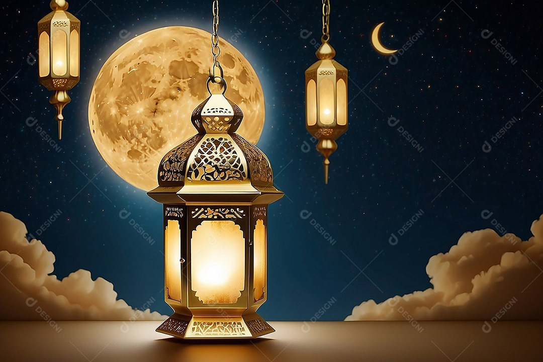 Lanterna islâmica de ouro padrão espaço vazio lua nuvens luzes