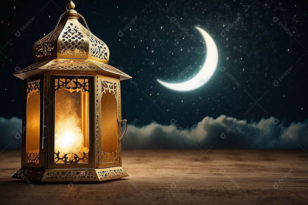 Gold Islamic flashlight pattern empty space moon clouds lights