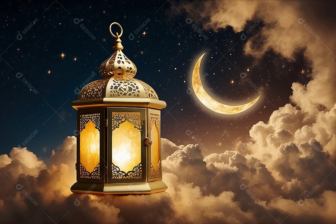 Lanterna islâmica de ouro padrão espaço vazio lua nuvens luzes