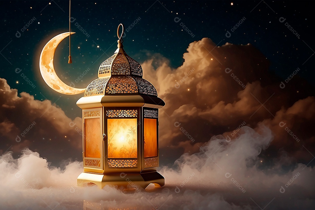 Gold Islamic flashlight pattern empty space moon clouds lights