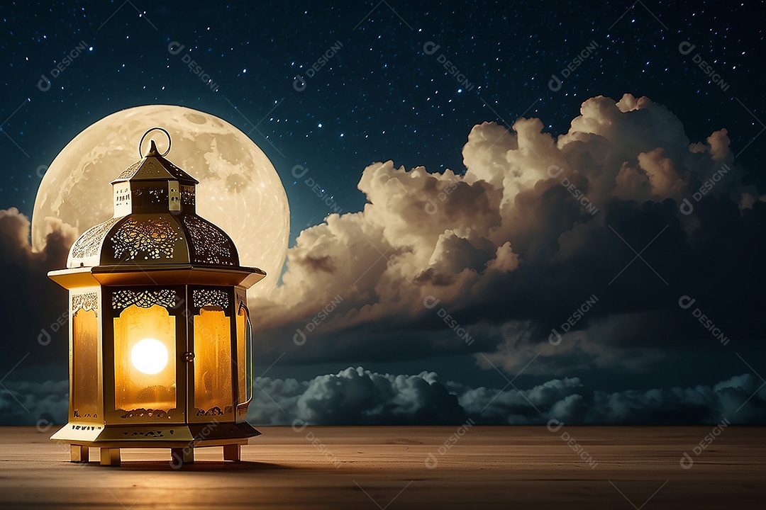 Lanterna islâmica de ouro padrão espaço vazio lua nuvens luzes