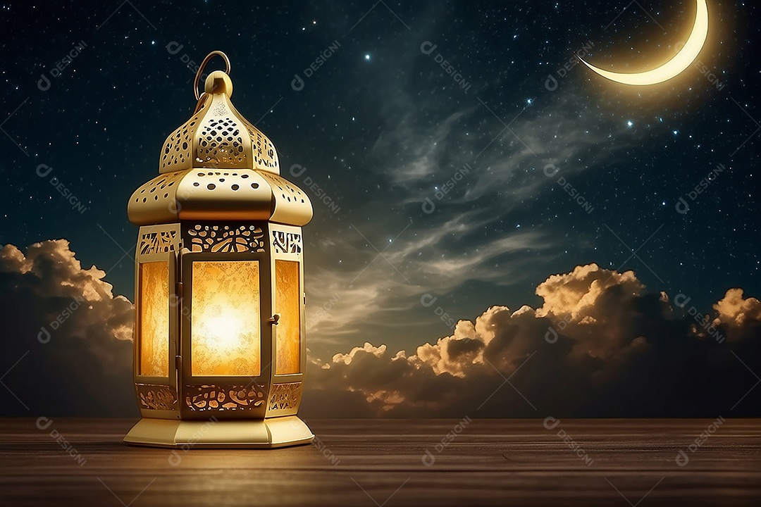 Lanterna islâmica de ouro padrão espaço vazio lua nuvens luzes