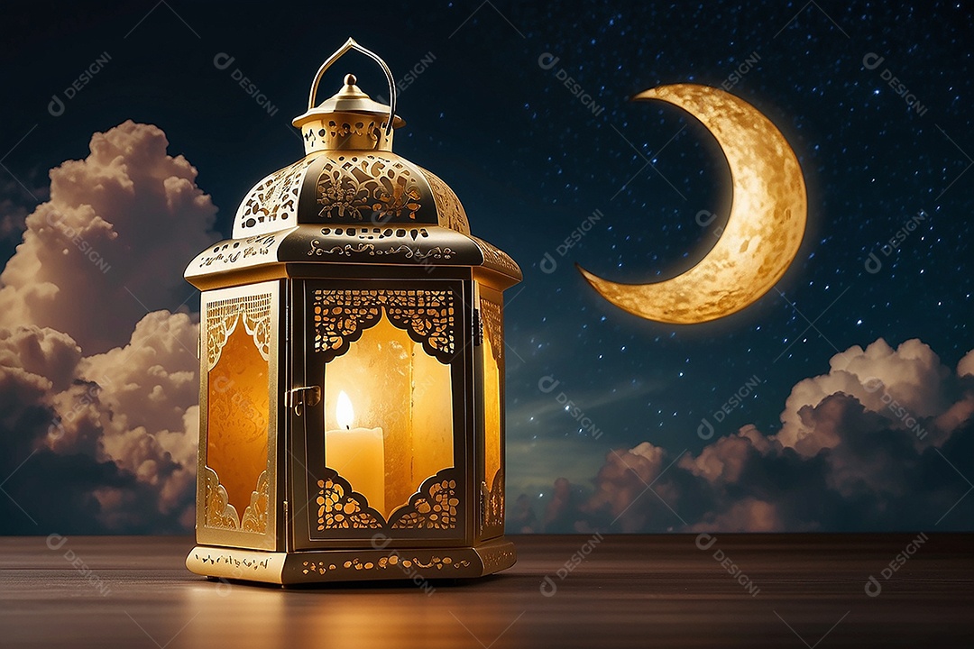 Lanterna islâmica de ouro padrão espaço vazio lua nuvens luzes