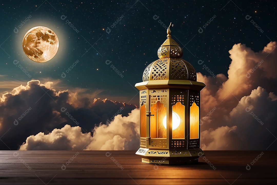 Lanterna islâmica de ouro padrão espaço vazio lua nuvens luzes
