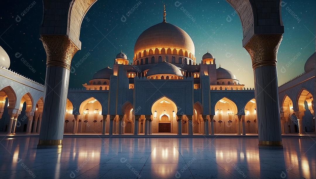 Padrão linda mesquita islâmica espaço vazio ilumina o fundo