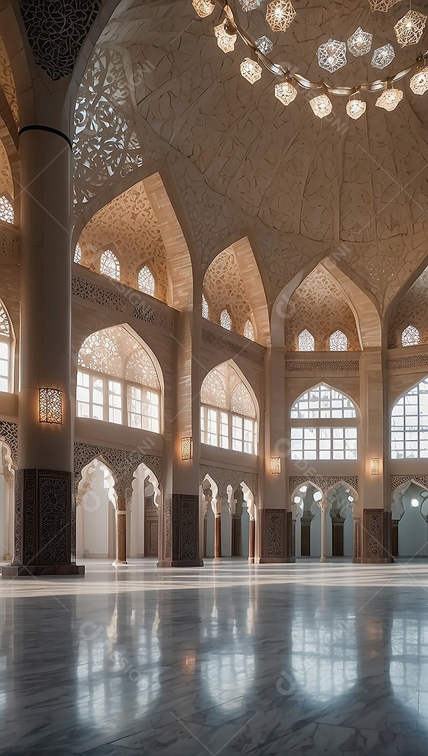 Padrão linda mesquita islâmica espaço vazio ilumina o fundo