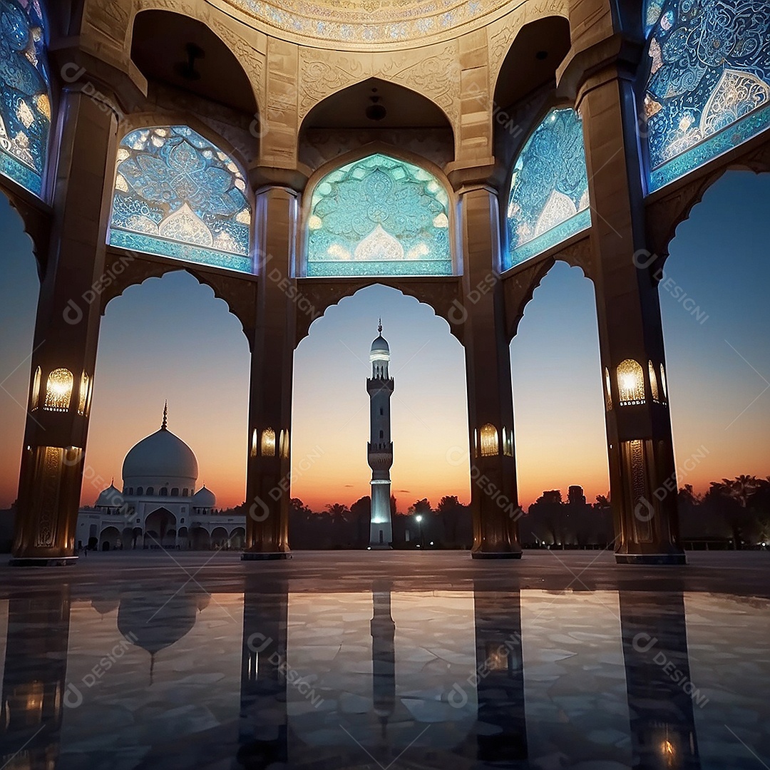 Padrão linda mesquita islâmica espaço vazio ilumina o fundo