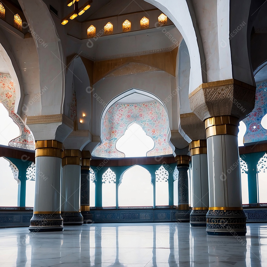 Padrão linda mesquita islâmica espaço vazio ilumina o fundo