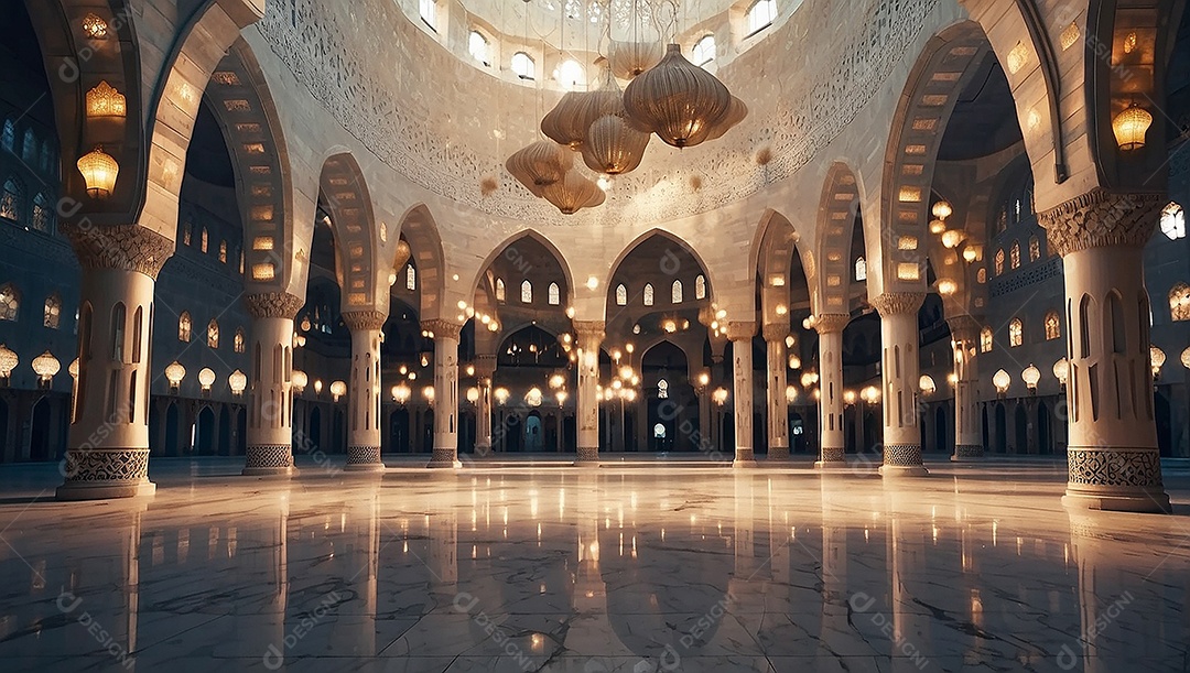 Padrão linda mesquita islâmica espaço vazio ilumina o fundo