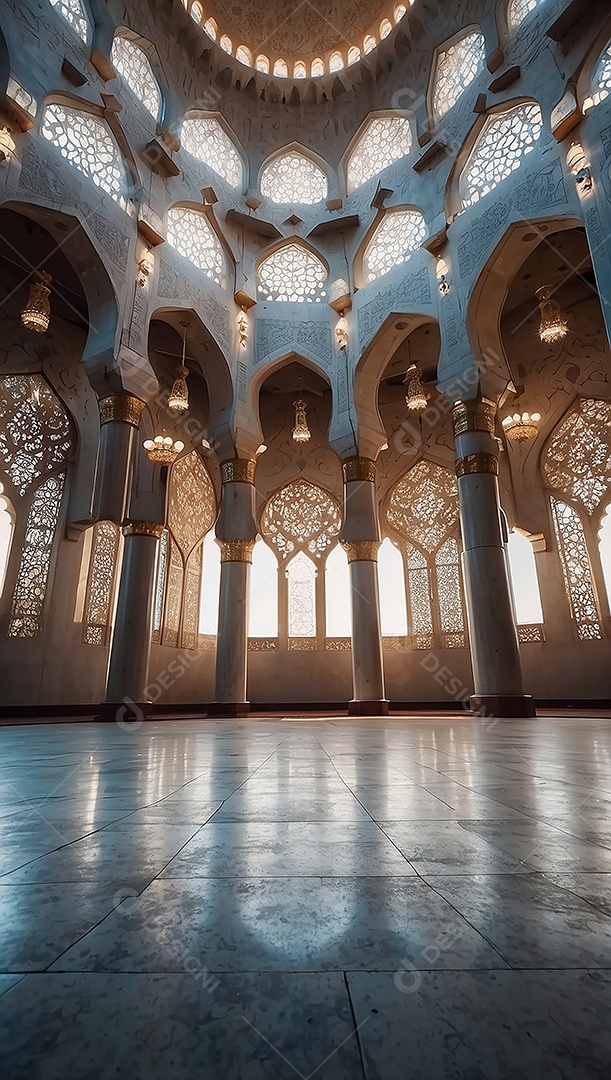 Padrão linda mesquita islâmica espaço vazio ilumina o fundo