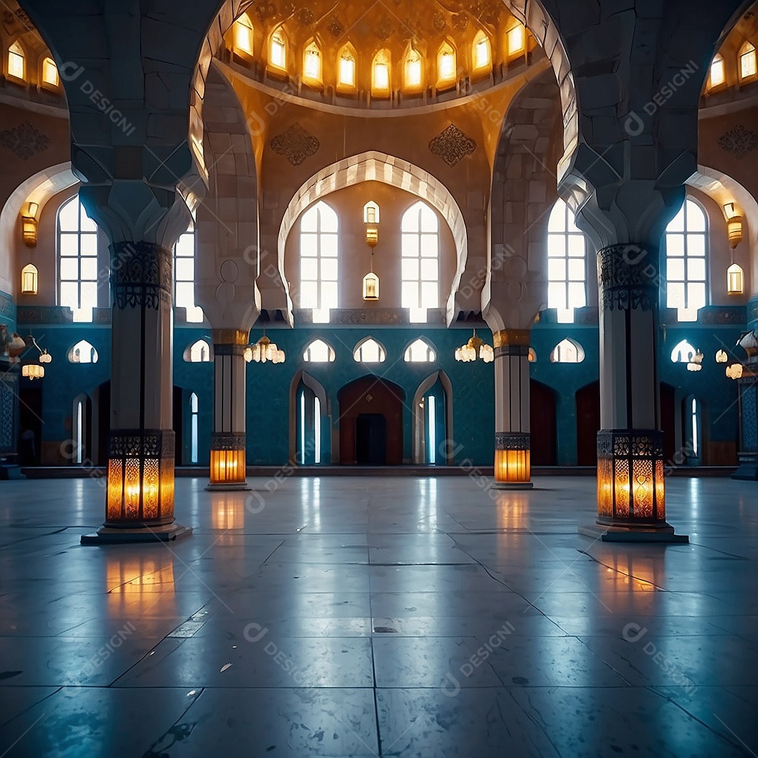 Padrão linda mesquita islâmica espaço vazio ilumina o fundo