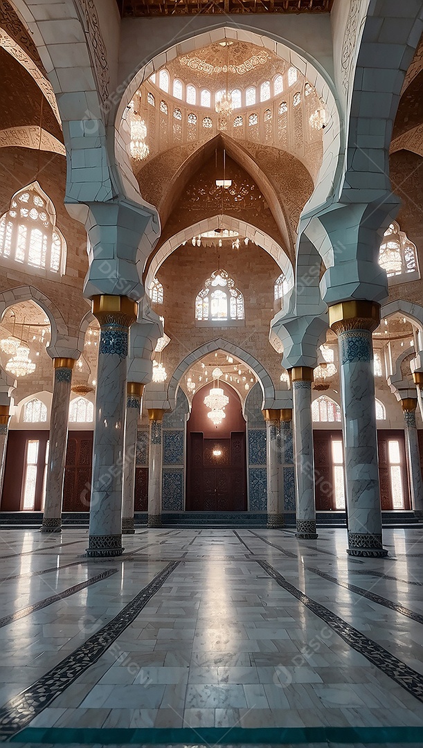 Padrão linda mesquita islâmica espaço vazio ilumina o fundo