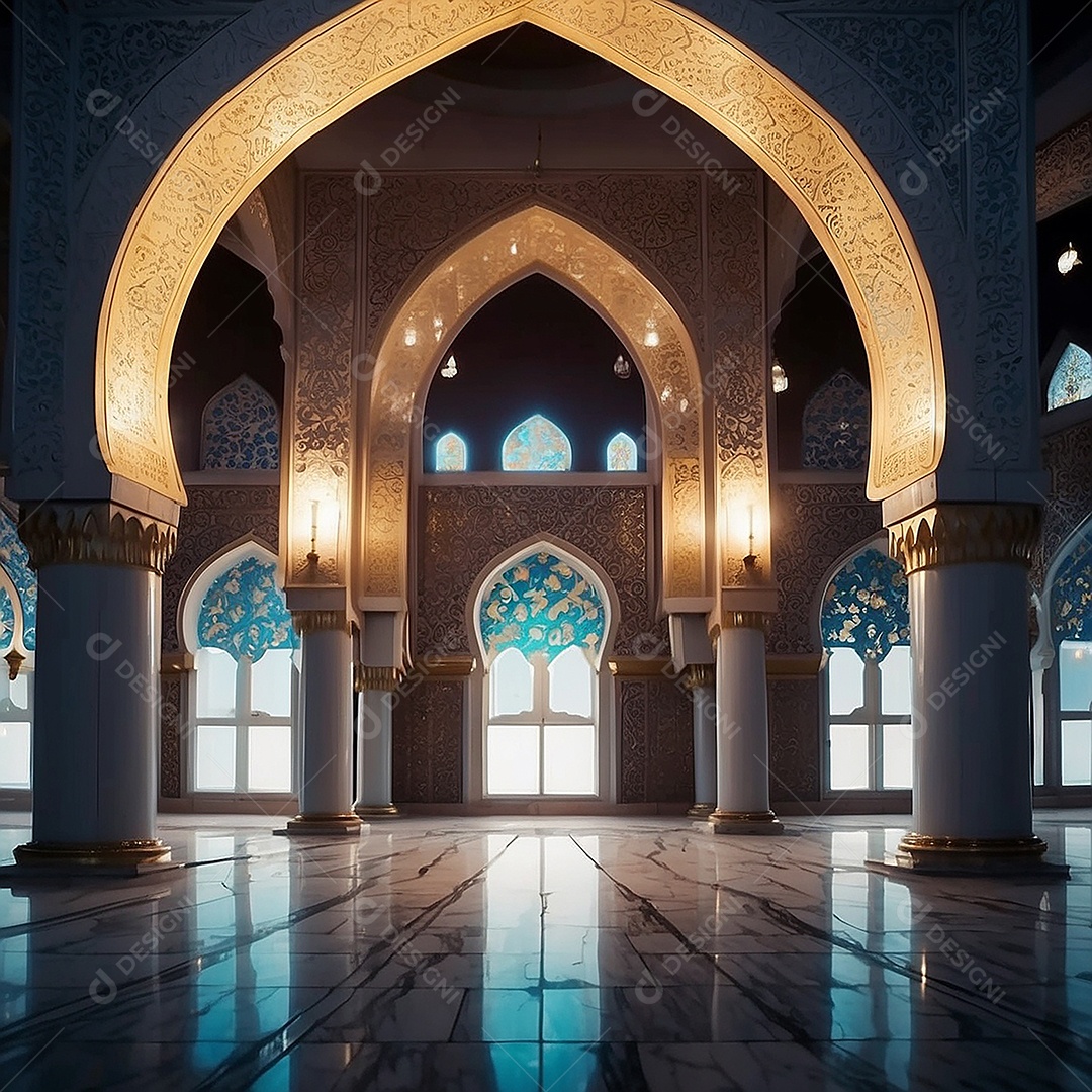 Padrão linda mesquita islâmica espaço vazio ilumina o fundo