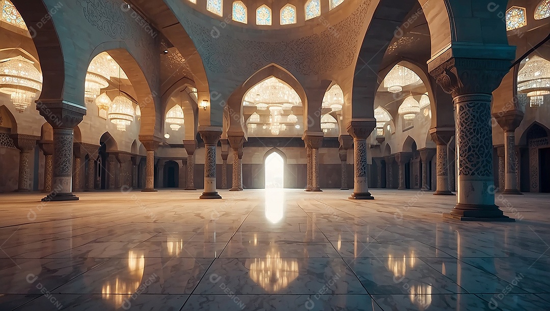 Padrão linda mesquita islâmica espaço vazio ilumina o fundo