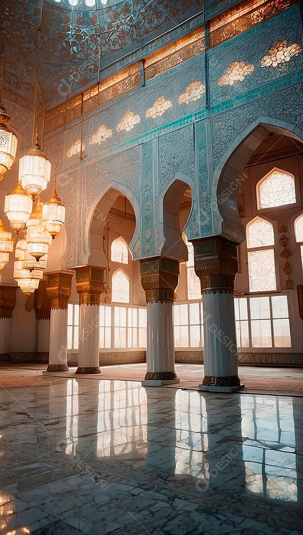 Padrão linda mesquita islâmica espaço vazio ilumina o fundo