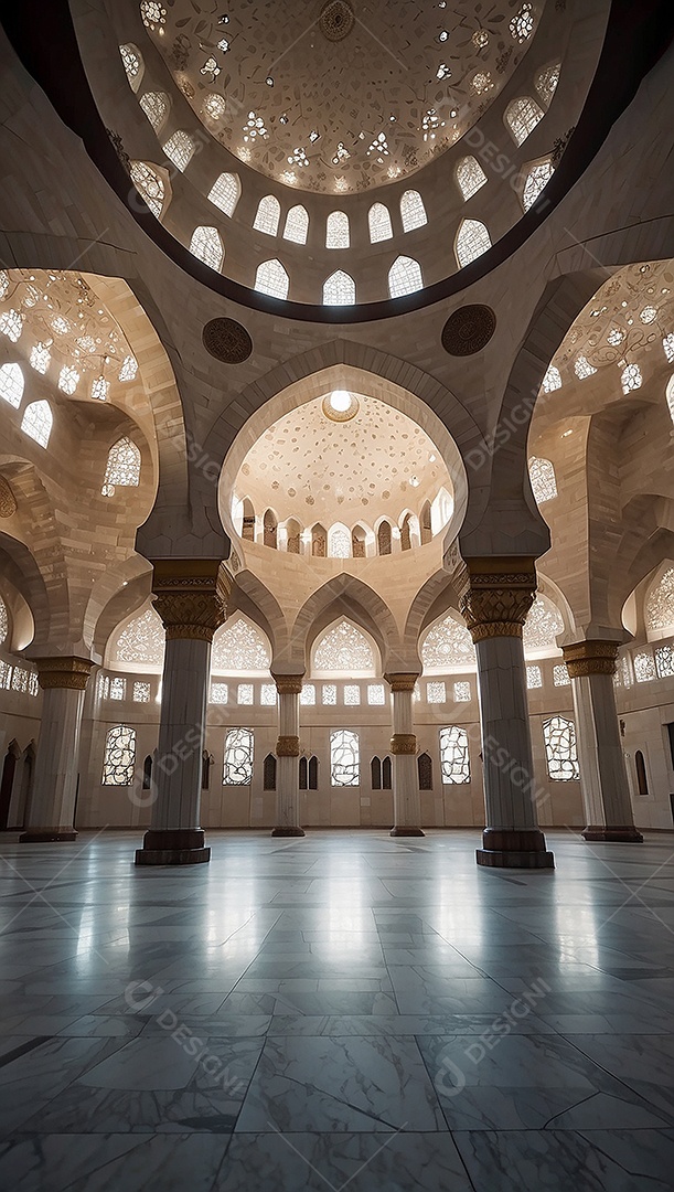 Bela mesquita islâmica espaço vazio noite luzes da lua