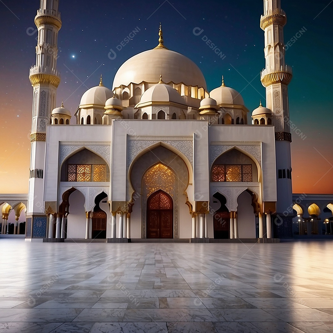 Bela mesquita islâmica espaço vazio noite luzes da lua