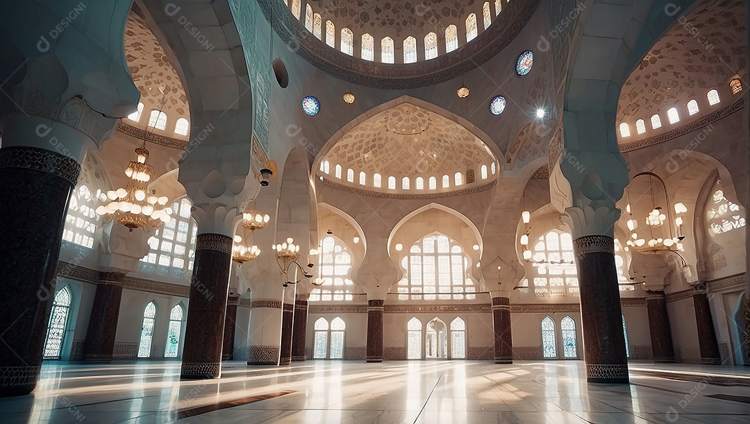 Bela mesquita islâmica espaço vazio noite luzes da lua