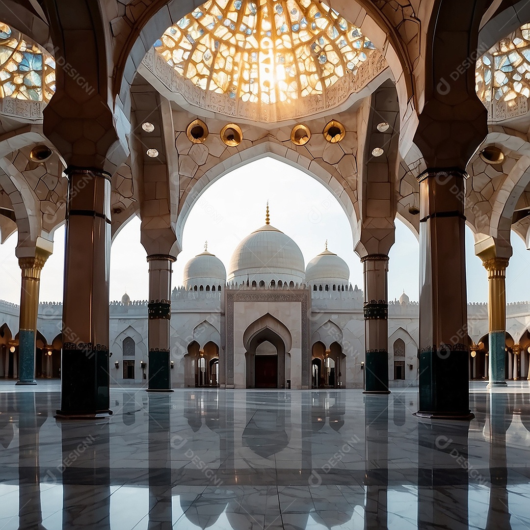 Bela mesquita islâmica espaço vazio noite luzes da lua
