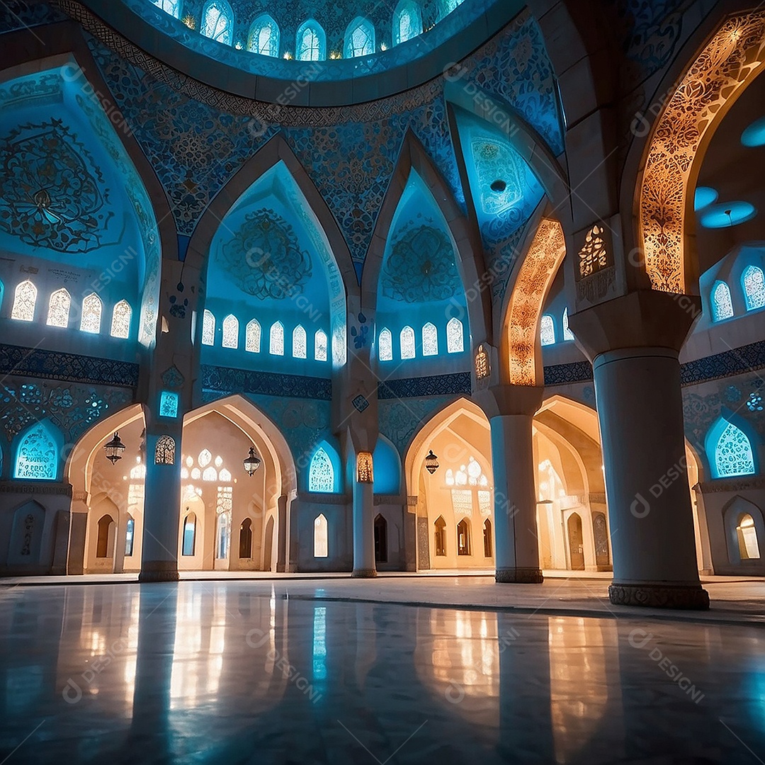 Bela mesquita islâmica espaço vazio noite luzes da lua