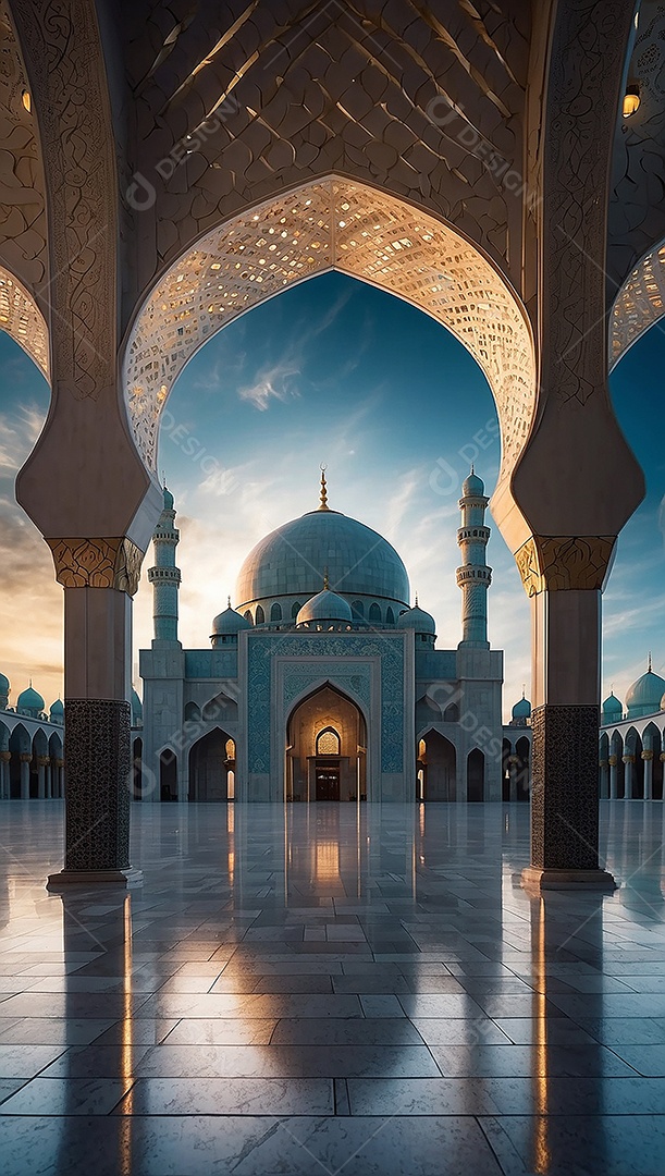 Bela mesquita islâmica espaço vazio noite luzes da lua