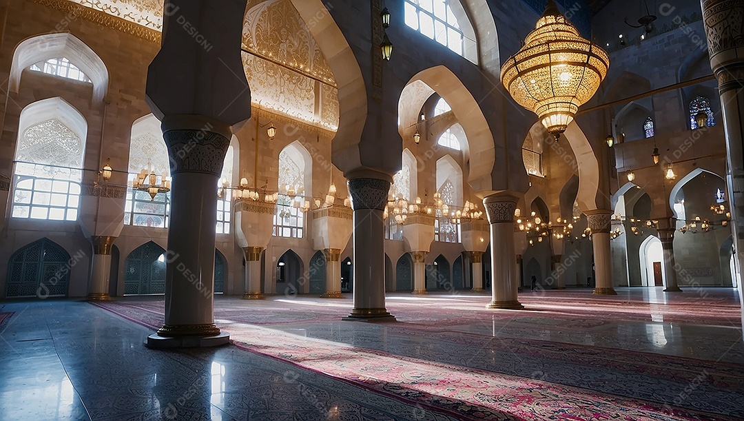 Bela mesquita islâmica espaço vazio noite luzes da lua