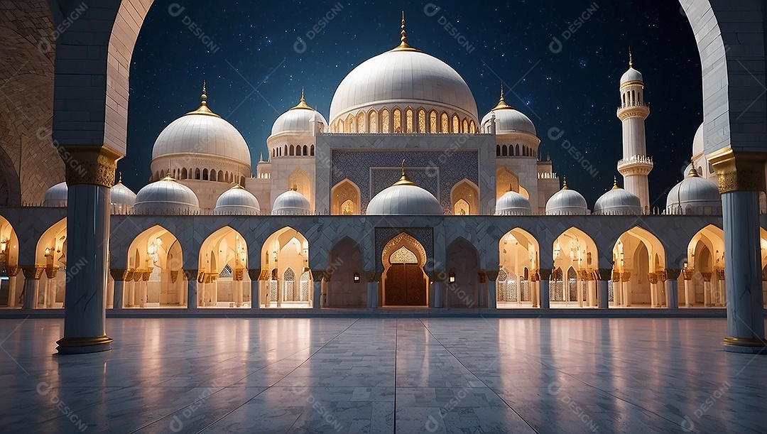 Bela mesquita islâmica espaço vazio noite luzes da lua