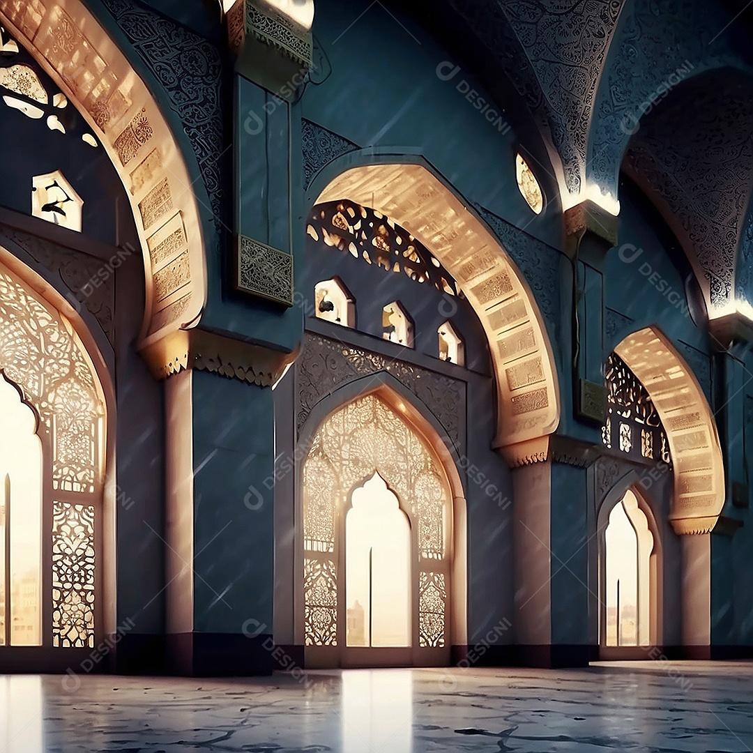 Bela mesquita islâmica espaço vazio noite luzes da lua