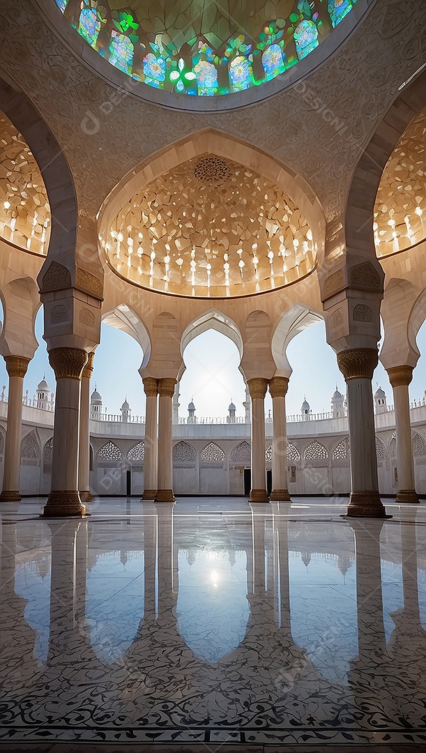 Bela mesquita islâmica espaço vazio noite luzes da lua