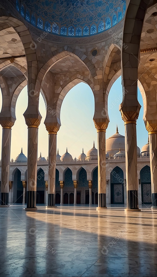 Bela mesquita islâmica espaço vazio noite luzes da lua