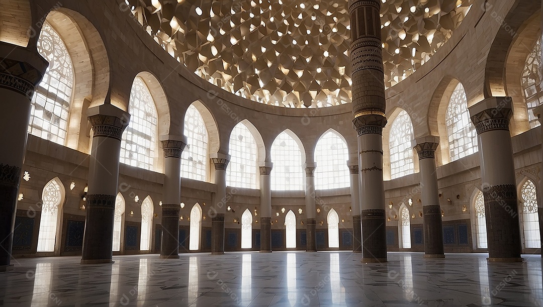 Bela mesquita islâmica espaço vazio noite luzes da lua