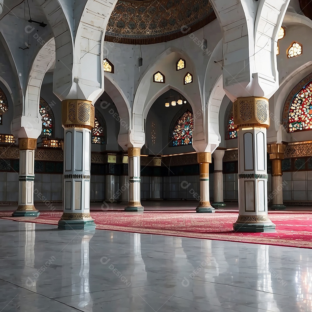 Bela mesquita islâmica espaço vazio noite luzes da lua