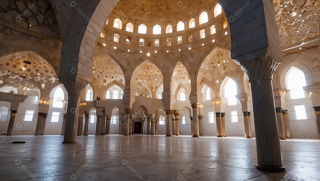 Bela mesquita islâmica espaço vazio noite luzes da lua