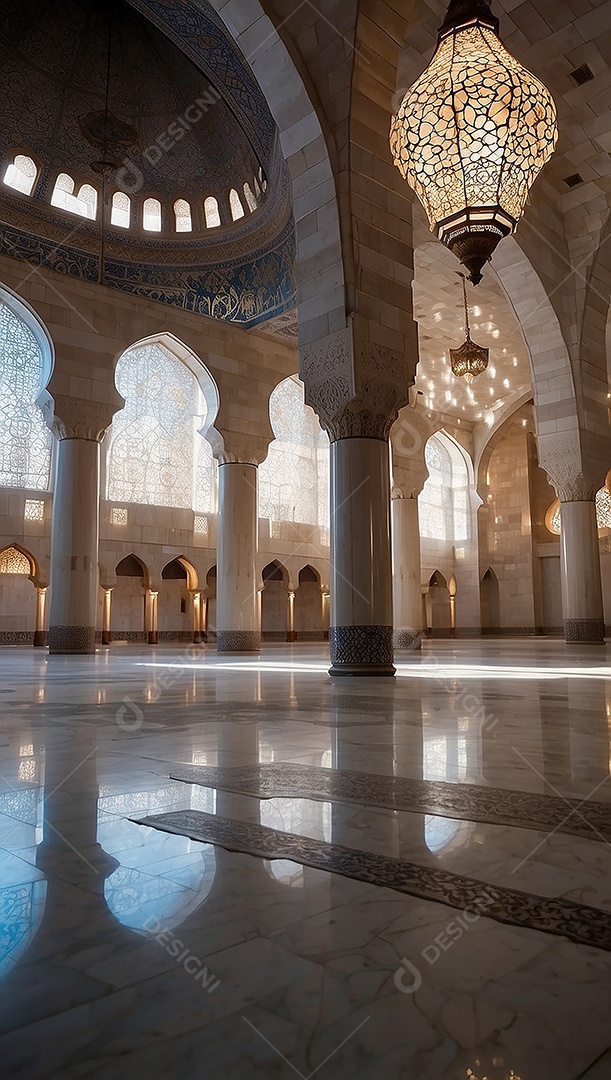 Bela mesquita islâmica espaço vazio noite luzes da lua