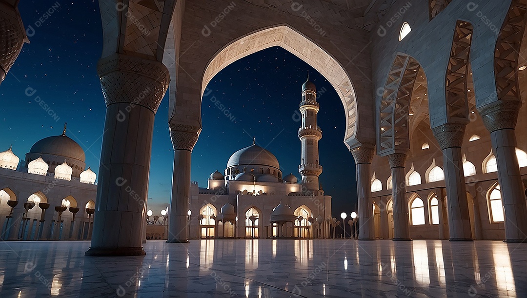Bela mesquita islâmica espaço vazio noite luzes da lua