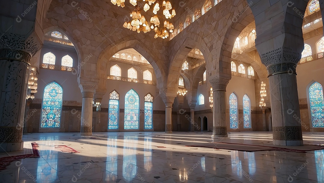Bela mesquita islâmica espaço vazio noite luzes da lua